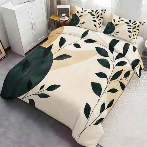 Leaves Bedding Set, Abstract Plant Duvet Cover Twin, Boho Mid-Century Comforter Cover with Zipper, 3 Pieces, Reversible Bedroom Bedding with 2 Pillowcases Neutral Botanical Design - color: Abstract Plant, size: Twin (68 x 88 in)