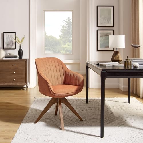Swivel Desk Chair for Home Office, Fabric, Caramel | No Wheels, Oka Wood Legs, Mid Century Modern, Upholstered, 360° Swivel, Accent Chair, Living Room, Bedroom - color: Caramel, size: Fabric