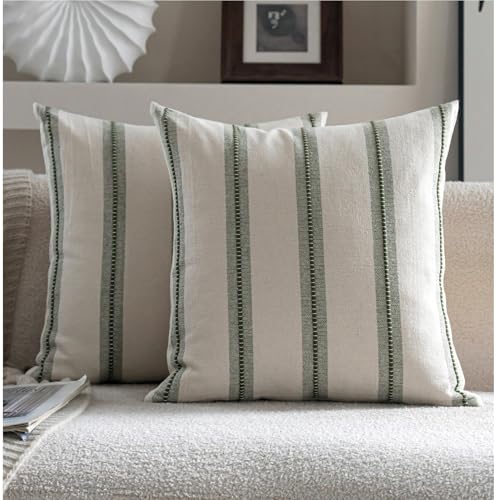 Cethom Boho Throw Pillow Covers 18x18 Set of 2, Olive Green Striped Decorative Pillow Cases for Couch Chair Bed, Textured Farmhouse Modern Accent Cushion Covers for Living Room Bedroom Sofa Home Decor - color: Olive Green, size: 18" x 18" (Pack of 2)