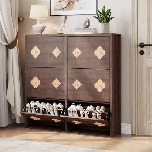 GarveeHome Shoe Storage Cabinet with 6 Flip Drawers, Narrow Wood Shoe Organizer Cabinet with Floral Pattern, Freestanding Slim Shoe Rack Cabinet with Adjustable Shelves, for Entryway, Hallway, Brown | Floral Pattern, Shoe Storage Cabinet for Entryway, Hal