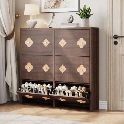 GarveeHome Shoe Storage Cabinet with 6 Flip Drawers, Narrow Wood Shoe Organizer Cabinet with Floral Pattern, Freestanding Slim Shoe Rack Cabinet with Adjustable Shelves, for Entryway, Hallway, Brown | Floral Pattern, Shoe Storage Cabinet for Entryway, Hal