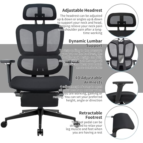 Ergonomic Office Chair with Footrest, 90-135° Reclining High Back Desk Chair with Lumbar Support, 2D Headrest, 4D Armrests, Computer Chair for Long Hours, Black - color: Black