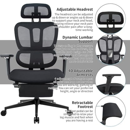 Ergonomic Office Chair with Footrest, 90-135° Reclining High Back Desk Chair with Lumbar Support, 2D Headrest, 4D Armrests, Computer Chair for Long Hours, Black - color: Black