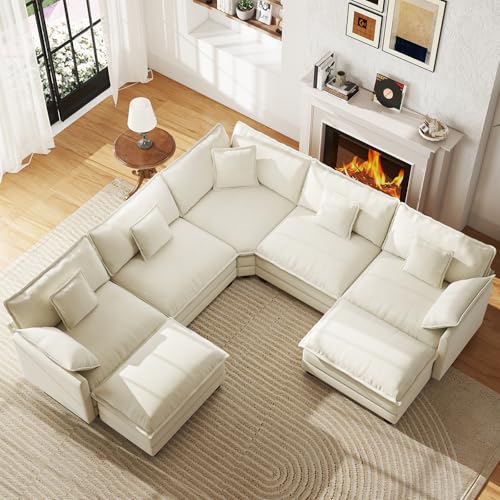 114" Oversized Modular Sectional Sofa, 7-Seater V Shaped Cloud Couch Set, Comfy Chenille Deep Seat Couches with 2 Movable Ottomans, DIY Combination for Living Room (Beige) - color: Beige, size: 114" Coner U Sofa