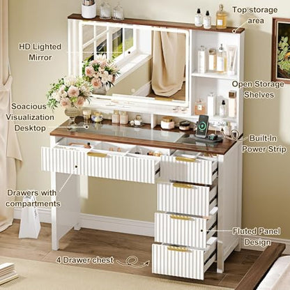 Arulvmrn 43" Large Vanity Desk with 30" HD Lighted Mirror,Modern Vanity Desk with Mirror and Lights, Makeup Vanity with 5 Drawers and Storage Shelves and Charging Station, White2300 - color: White