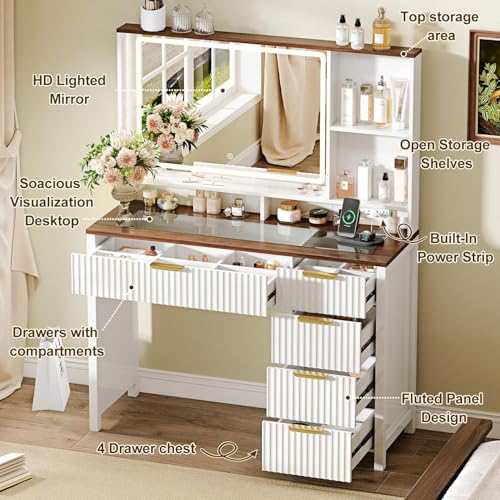 Arulvmrn 43" Large Vanity Desk with 30" HD Lighted Mirror,Modern Vanity Desk with Mirror and Lights, Makeup Vanity with 5 Drawers and Storage Shelves and Charging Station, White2300 - color: White