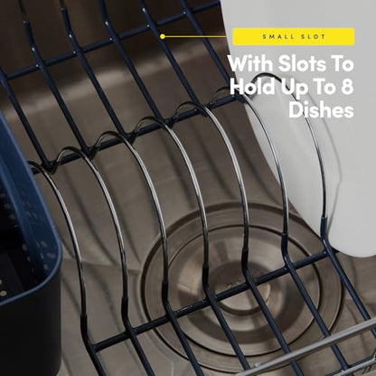 Dish Drying Rack & Cutlery Holder 2 Piece Set - Compact Sink-Fitting Dish Drainer with Rubberized Undercoating, Space-Saving Kitchen Organizer for Plates, Cups, Bowls & Utensils in Sink, Navy Blue - color: Navy Blue