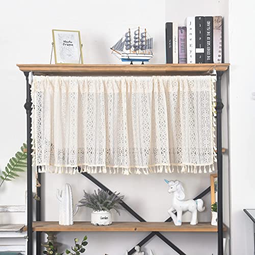 Sutuo Home Boho Sheer Curtain Valance Crochet Lace with Bohemian Hollow Knitted Handmade Tassels, Short Rustic Window Treatment for Kitchen Cafe, Rod Pocket, 1 Panel 59" W x 18" L, Beige - color: Beige Floral Crochet, size: 59"W x 18"L (Pack of 1)