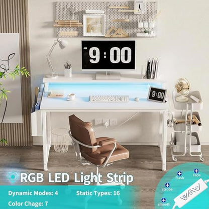 Lufeiya White Computer Desk with LED Lights and Power Outlets, 40 Inch Home Office Desks with Monitor Stand, Teen Writing Study Table Gaming Desk with Charging Station, White - color: White, size: 39.4"