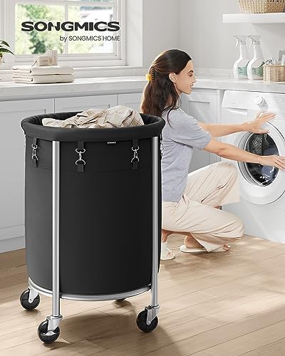 SONGMICS Laundry Basket, Rolling Steel Frame with 2 Locking Wheels, 110 L | Heavy-Duty Laundry Hamper Cart with Removable Bag, Ink Black and Metallic Silver, URLS002B01 - color: Ink Black + Metallic Silver, size: 110 L (1-Section)