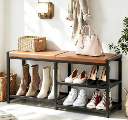 Shoe Rack Bench with Cushioned Seat,3-Tier Wrought Iron Shoe Rack | Shoe Bench for Entrance Hall,Shoe Storage, Multifunctional Storage Bench for Hall and Bedroom