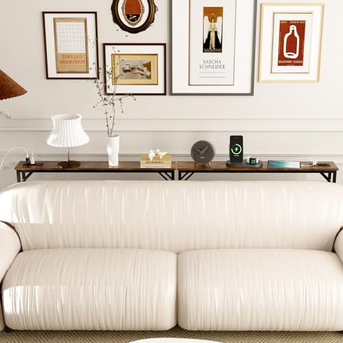 Aduanbang 78.7 inch Narrow Console Table with Outlet, Sofa Table Set of 2, Behind Couch Table, Long Entryway Tables with Charging Station, for Living Room, Rustic Brown - color: Rustic Brown, size: 5.9"D x 78.7"W x 30"H
