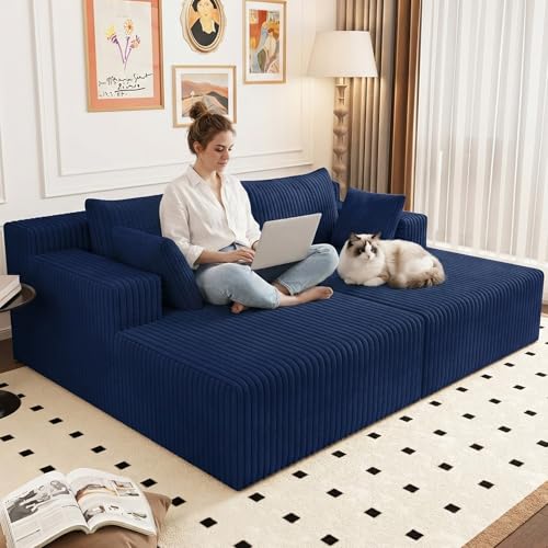 70.8" Oversized Boneless Double Chaise Lounge Chair Indoor, Upholstered Corduroy Cloud Chaise Lounges with 4 Pillows, Modern Deep Seat Loveseat Sleeper Sofa for Living Room Bedroom Apartment, Blue - color: 70.8" Blue