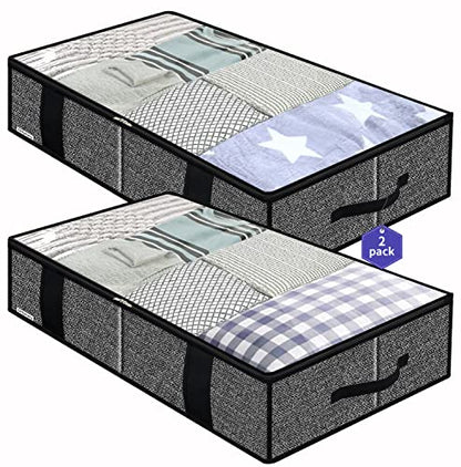 Onlyeasy Underbed Fabric Storage Bags Organizer with 4 Handles, 2 Zippers and Large Clear Window, for Clothes, Blankets, Bedding, Foldable with Sturdy Structure, 2 Pack, Linen-like Black, MXAUBBSS2P - color: Upgraded Firm Side Wall - Linen Like Black