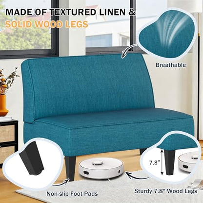 Small Loveseat, Blue Mini Sofa Couch Accent Upholstered Bench with Back Living Room Bedroom Office Armless Love Seat Settee - color: Blue