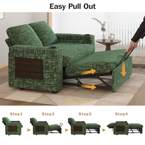Vipbear 65" Loveseat Sleeper Sofa with Pull Out Bed, Chenille 3-in-1 Convertible Sofa Bed with Reclining Backrest|USB Ports|Cup Holders|Side Table|Storage Armrests, Tool Free Assembly, Green - color: Green