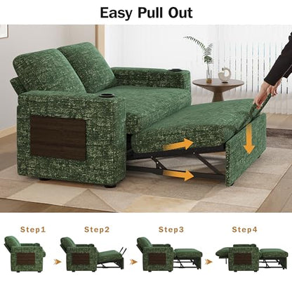 Vipbear 65" Loveseat Sleeper Sofa with Pull Out Bed, Chenille 3-in-1 Convertible Sofa Bed with Reclining Backrest|USB Ports|Cup Holders|Side Table|Storage Armrests, Tool Free Assembly, Green - color: Green