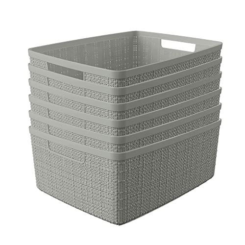 Curver Set of 6 Medium 12L Jute Decorative Plastic Organization and Storage Baskets - Perfect Bins for Home Office, Closet Shelves, Kitchen Pantry and All Bedroom Essentials, Grey - color: Grey, size: Medium 12L