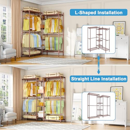 E4 Clothes Rack, Heavy-Duty Garment Rack Can Be L-Shaped Closet System | Bronze Metal Freestanding Clothing Organizer Storage System with Shelves and Hangers, Load 962lbs, 71.6"W x 14.5"D x 79.3"H - color: Bronze