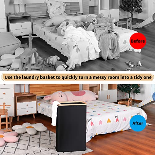 IEGrow Laundry Hamper with Lid,65L Laundry Basket with Mesh Bags,Black | Dirty Clothes Hamper Basket with Bamboo Handle for Clothes Towels - color: Black, size: 65L