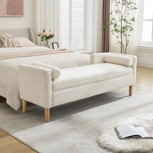 Chifee & Vingol 64.7" W Ottoman with Storage Bench for Bedroom End of Bed with Removable Pillows Upholstered Storage Ottoman Bench for Bedroom Living Room Hallway,Ivory - color: 65"-ivory