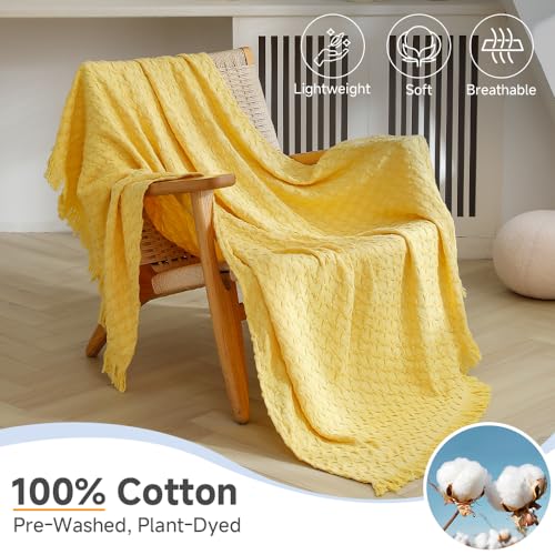 Simple&Opulence 100% Cotton Throw Blanket for Couch, Bed, Waffle Weave Knit Blanket with Tassels, Soft Lightweight Pre-Washed Breathable Comfy Blanket Farmhouse Decor for All-Season(Light Yellow) - color: B-light Yellow