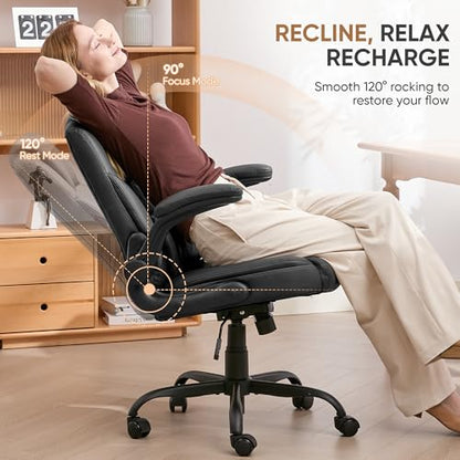 Home Office Chair with Lumbar Support, 5" Thickened Seat, Small PU Leather Rocking Desk Chair, Comfy Computer Chairs with Rolling Wheels & Adjustable Armrests for Adults, Black - color: Black