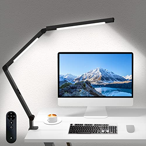 LED Desk Lamp with Clamp, Architect Desk Lamp for Home Office with Remote Control, Swing Arm Clamp on Computer Light, Clip-on Eye-Care Adjustable 5 Brightness Levels Table Light for Working Drafting - color: Black+Remote