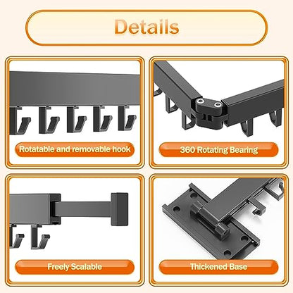 HEILAIYI Clothes Drying Rack for Laundry,Wall Mounted Clothes Hanger Rack,Folding,Retractable,Collapsible(J Shape Hooks) - size: Black/J-Shape Hooks