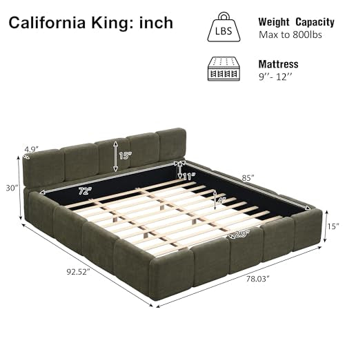 California King Boucle Platform Bed with Headboard & Footboard, Green | Linen Grounded Block Style Bed Frame, Sturdy Support for Adults & Kids - color: Green, size: California King