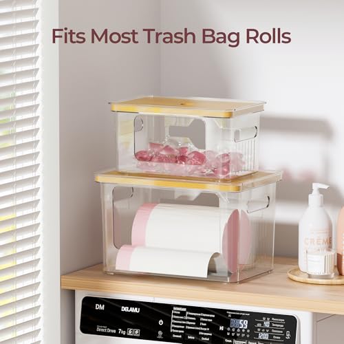 Delamu 2 Pack (XL+S) Trash Bag Dispenser, Stackable Garbage Bag Holder | Clear Acrylic Organizer Bins for Under Sink Organization, Pantry Storage, Cabinet, Kitchen, Laundry, Bathroom - size: XL+S-2 Pack