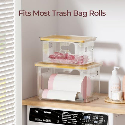 Delamu 2 Pack (XL+S) Trash Bag Dispenser, Stackable Garbage Bag Holder | Clear Acrylic Organizer Bins for Under Sink Organization, Pantry Storage, Cabinet, Kitchen, Laundry, Bathroom - size: XL+S-2 Pack