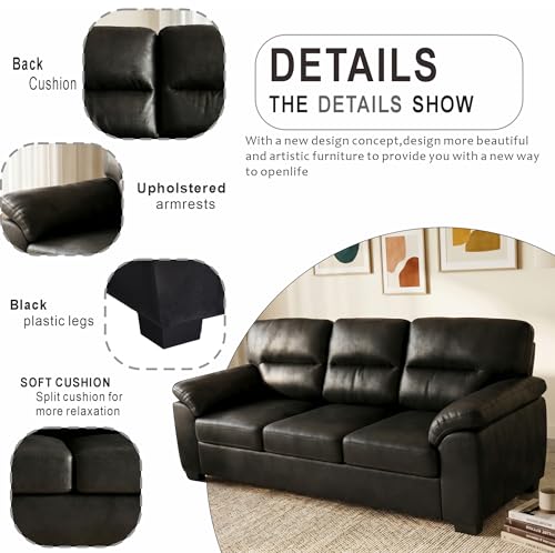 Eafurn Mid-Century Modern 3-Seater Loveseat Sofa Couch with Sturdy Wood Frame & Cushioned Armrests, 81" Compact Faux Leather Settee Furniture for Living Room, Apartment, Office - color: Black 81"