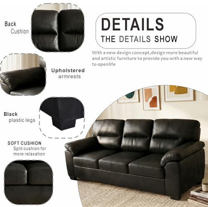 Eafurn Mid-Century Modern 3-Seater Loveseat Sofa Couch with Sturdy Wood Frame & Cushioned Armrests, 81" Compact Faux Leather Settee Furniture for Living Room, Apartment, Office - color: Black 81"