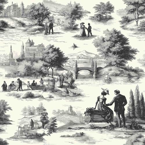 Black and White Vintage Landscape Toile Peel and Stick Wallpaper | Monochrome vintage countryside scene toile print, Removable waterproof vinyl wall covering, bedroom accent wall decor - color: ML-M099, size: 17.7" x 118"