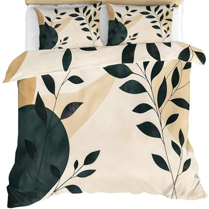 Leaves Bedding Set, Abstract Plant Duvet Cover Twin, Boho Mid-Century Comforter Cover with Zipper, 3 Pieces, Reversible Bedroom Bedding with 2 Pillowcases Neutral Botanical Design - color: Abstract Plant, size: Twin (68 x 88 in)