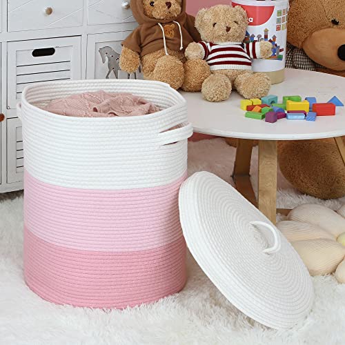 Sea Team Large Woven Cotton Rope Laundry Basket with Lid, 20 x 16 in | Collapsible Knitted Hamper with Handles, Lidded Closet Shelf Organizers for Clothing, Blankets, Toys, Bedding, Pink - color: White & Pink