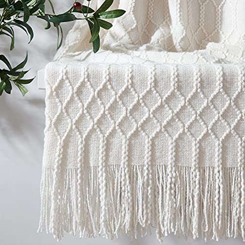 KASYLAN Acrylic Knitted Throw Blanket for Sofa Bed 50x60 Inch Off White | Ultra soft acrylic knit, lightweight warm, multi-scene for sofa couch bed, machine washable, breathable textured throw - color: Rhombu-off White
