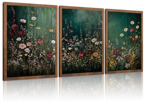 Wow NEW ART Vintage Wildflower Wall Art canvas Set of 3 12x16in Wood Frame | Dark Green Flower plant Canvas Prints Wall Decor, Gothic dark style pastoral for Living Room Bedroom Farmhouse Home Decor - color: Green flowers, size: 16L" x 12W"