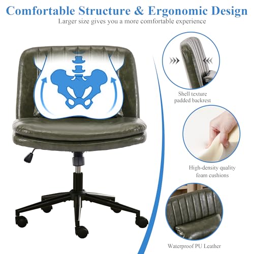 TUNYI Criss Cross Chair with Wheels Armless Wide Cross Legged Office Chair Swivel Height Adjustable Computer Task Vanity Chair with Pillow for Home Office, Dressing Room (Dark Green) - color: Dark Green