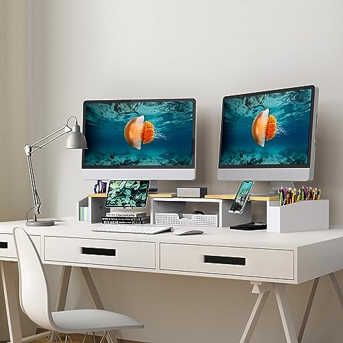 Simple Houseware Desk Dual Monitor Stand Riser with Drawer, Oak | Customizable Organizer Tray, Built-In Phone & Tablet Slot and Side Storage - color: Oak