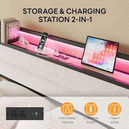LIKIMIO Queen Bed Frame with Headboard, LED Lights and Charging Station - color: Natural and Cream, size: Queen