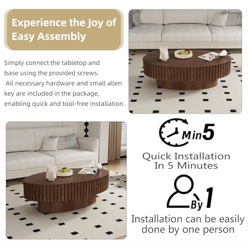 Oval Drum Fluted Coffee Table (C) | Modern Wood Coffee Table with Circle Pedestal Center Tables Fluted Accent Tea Tables for Apartment Living Room - color: C