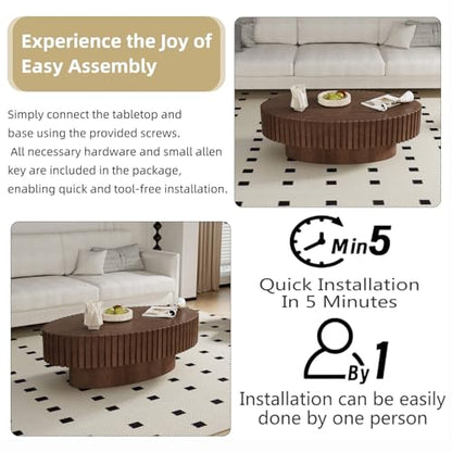 Oval Drum Fluted Coffee Table (C) | Modern Wood Coffee Table with Circle Pedestal Center Tables Fluted Accent Tea Tables for Apartment Living Room - color: C