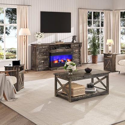 3 Piece Living Room Table Set with Barn Door, Black Oak | Includes Coffee Table and 2 End Tables, Charging Station &USB Ports, Rustic Farmhouse Style, Living Room Furniture Set - color: Black Oak
