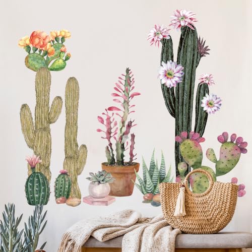 Cactus Wall Stickers Boho Cacti Wall Decal Tropical Green Plant Wall Art Decor Peel and Stick Flower Potted Wall Sticker for Living Room Bedroom - color: Cactus