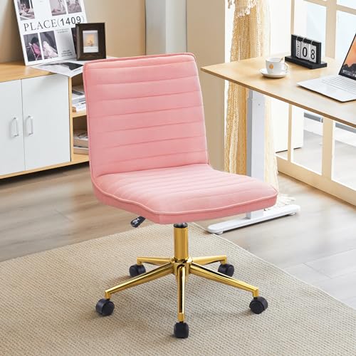 Furnimart Pink Swivel Armless Desk Chair with Wheels, Small Velvet Upholstered Home Office Desk Chair Mid-Back Adjustable Chair for Teen Girl Vanity Desk Bedroom Dorm Living Room (Velvet-Pink) - color: Velvet-pink