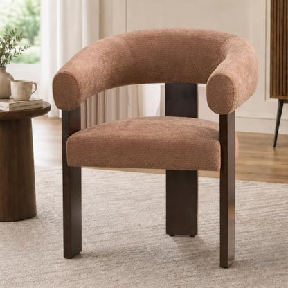 Modern Accent Chair, Barrel Armchair, U-Shaped Backrest, Brown | Barrel Accent Chair, Upholstered Arm Chair, Ergonomic Curved Back, Soft Chenille, Solid Wood Legs, Living Room, Bedroom - color: Brown