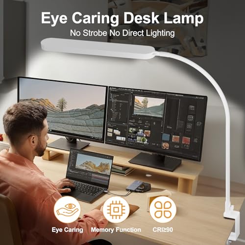 Led Desk Lamp - 33.5" Desk Light - Flexible Gooseneck - 5 Color Modes X 11 Brightness Levels - 1300LM - Timmer & Memory Function - 12W Clip on Light - White - style: White gooseneck