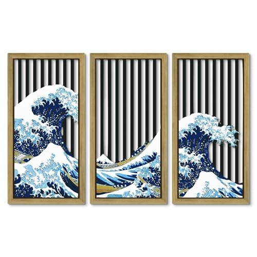 Putuo Decor Japanese Ocean Wave Wall Art, Vintage Framed Wall Decor- The Great Wave off Kanagawa by Hokusai, Nature-Inspired Wall Decorationfor Bathroom, Bedroom, and Living Room - color: Ocean Blue Wave